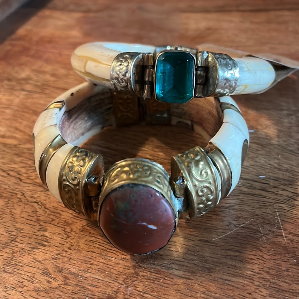 Vintage Ivory and Stone Brass and Silver 1960s Bracelets